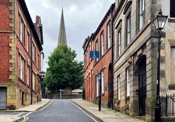 The road outside LR Podiatry Clinic in the Cathedral Quarter of Sheffield